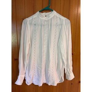 LOFT White Embroidered Eyelet Cottagecore Boho Mock Neck Long Sleeve Blouse XSP